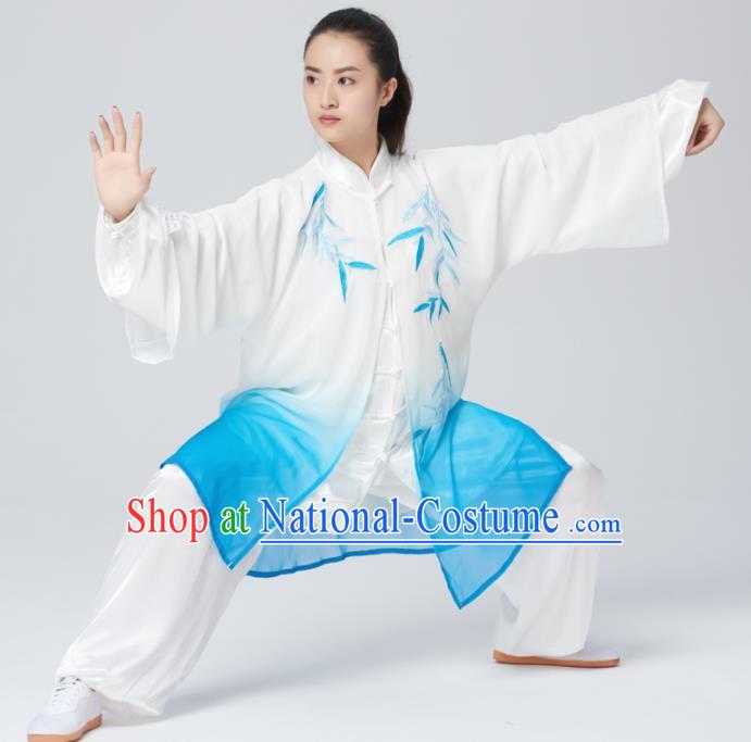 Chinese Traditional Tai Chi Group Embroidered Bamboo Blue Costume Martial Arts Kung Fu Competition Green Silk Clothing for Women