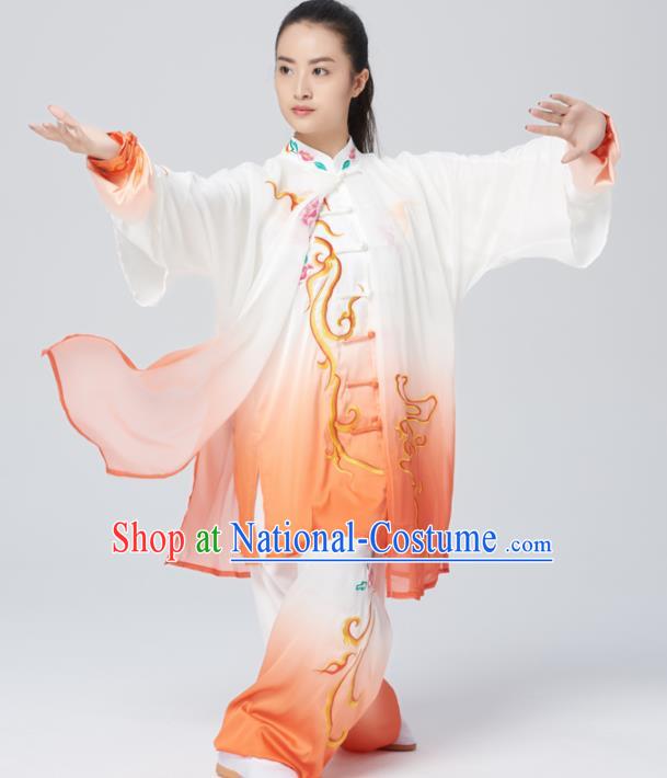 Chinese Traditional Tai Chi Group Embroidered Orange Costume Martial Arts Kung Fu Competition Green Silk Clothing for Women