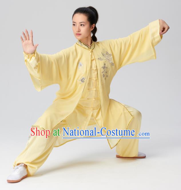 Chinese Traditional Tai Chi Group Embroidered Yellow Costume Martial Arts Kung Fu Competition Silk Clothing for Women