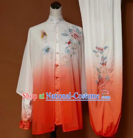 Chinese Traditional Martial Arts Kung Fu Competition Costume Tai Chi Group Embroidered Peony Orange Clothing for Women