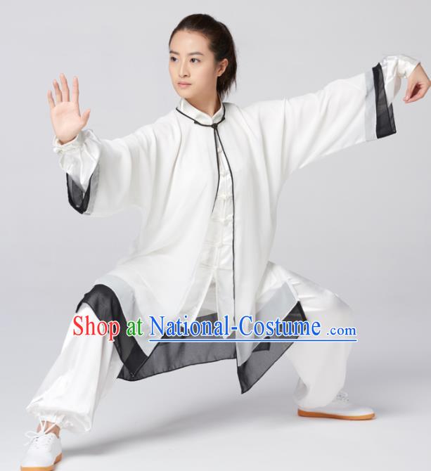 Chinese Traditional Martial Arts Kung Fu Competition Costume Tai Chi Group White Silk Clothing for Women