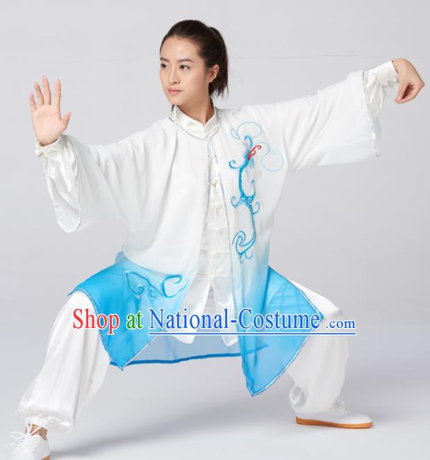 Chinese Traditional Martial Arts Kung Fu Competition Costume Tai Chi Group Embroidered Blue Silk Clothing for Women