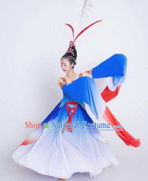 Chinese Traditional Classical Dance Costume Palace Peri Dance Water Sleeve Blue Dress for Women