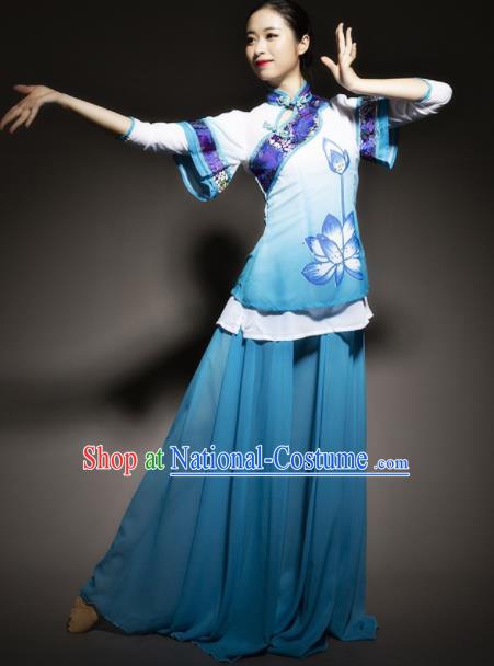 Chinese Traditional Classical Dance Costume Lotus Dance Blue Dress for Women