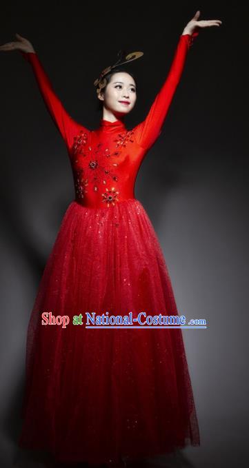 Chinese Traditional National Dance Red Veil Dress Modern Dance Stage Performance Costume for Women