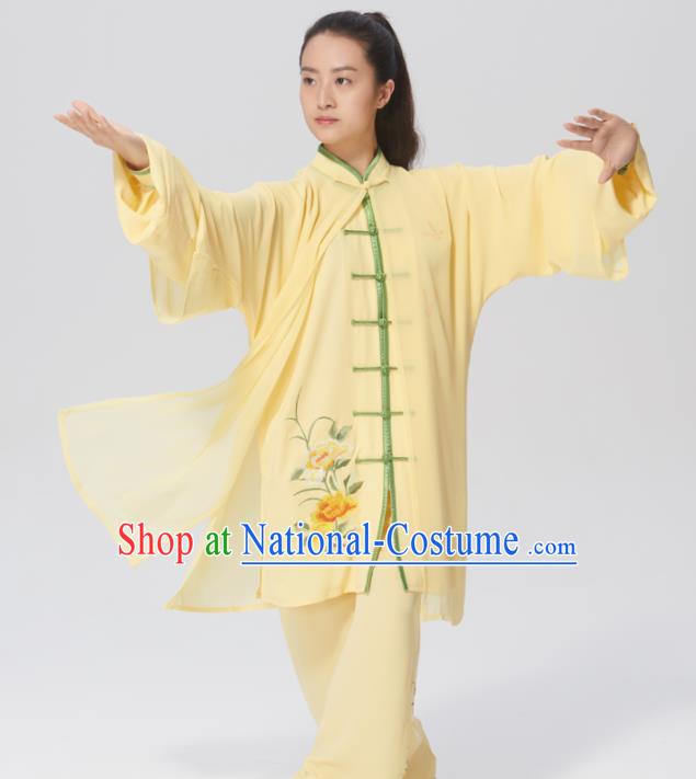 Chinese Traditional Tai Chi Group Embroidered Yellow Silk Costume Martial Arts Kung Fu Competition Clothing for Women