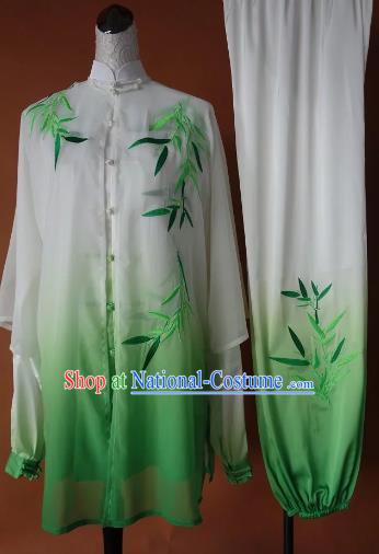 Chinese Traditional Tai Chi Group Embroidered Bamboo Green Costume Martial Arts Kung Fu Competition Clothing for Women