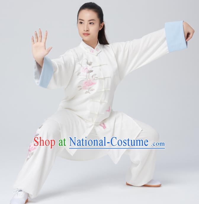 Chinese Traditional Tai Chi Group Embroidered Peony White Costume Martial Arts Kung Fu Competition Clothing for Women