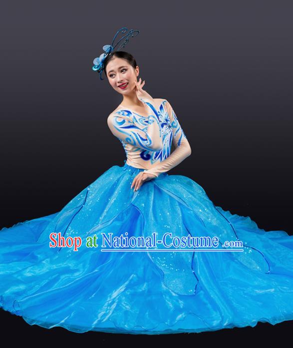 Chinese Traditional Chorus Blue Bubble Dress Modern Dance Stage Performance Costume for Women