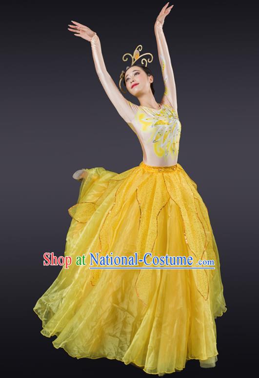 Chinese Traditional Chorus Yellow Bubble Dress Modern Dance Stage Performance Costume for Women