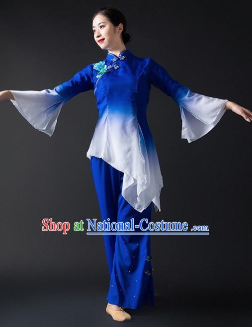 Chinese Traditional National Yangko Dance Blue Clothing Folk Dance Fan Dance Costume for Women