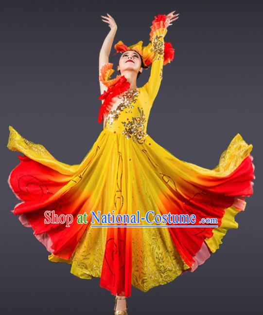 Chinese Traditional Chorus Yellow Dress Modern Dance Stage Performance Costume for Women