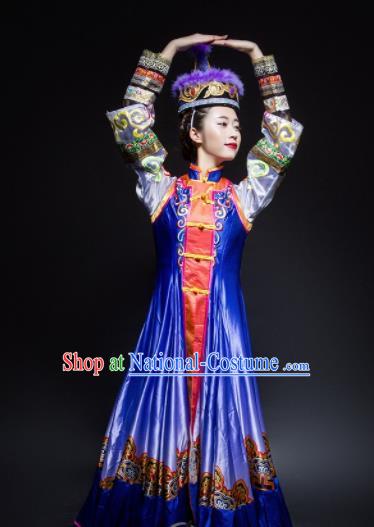 Chinese Traditional Mongol Nationality Dance Costume Mongolian Ethnic Dance Embroidery Blue Dress for Women