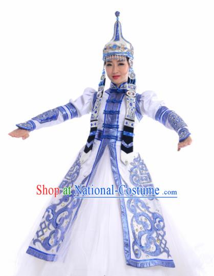 Chinese Traditional Mongol Nationality Costume Mongolian Ethnic Dance Embroidery Blue Dress for Women