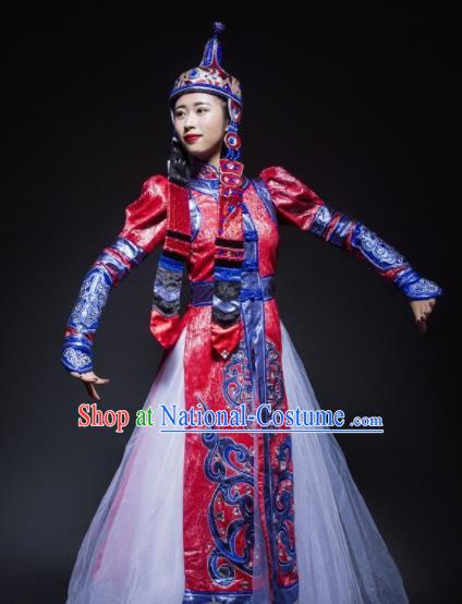 Chinese Traditional Mongol Nationality Costume Mongolian Ethnic Dance Embroidery Red Dress for Women