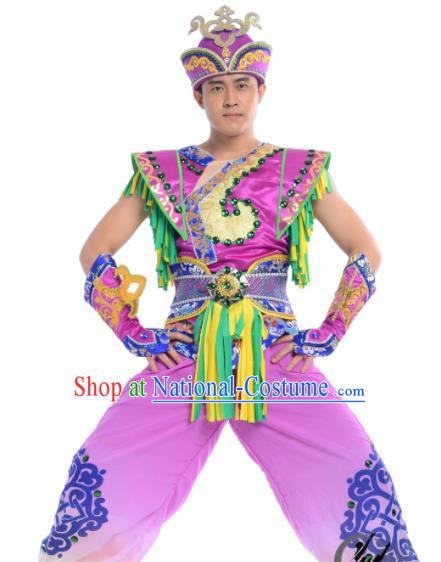 Chinese Traditional Mongol Nationality Costume Mongolian Ethnic Dance Embroidery Purple Clothing for Men