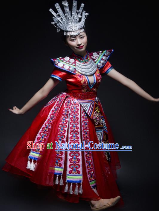 Chinese Traditional Miao Nationality Wedding Costume Ethnic Folk Dance Red Dress for Women