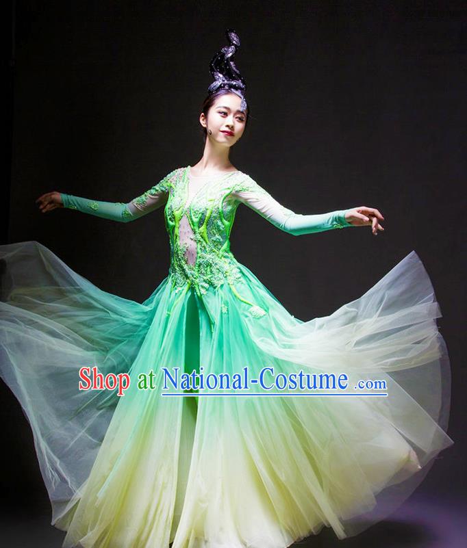 Chinese Traditional Chorus Green Veil Dress Modern Dance Stage Performance Costume for Women