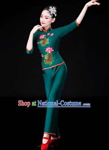 Chinese Traditional National Dance Printing Lotus Clothing Folk Dance Yangko Dance Green Clothing for Women