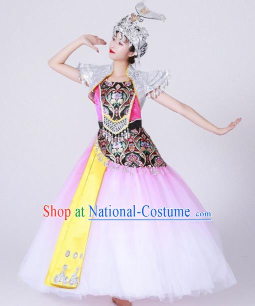 Chinese Traditional Miao Nationality Costume Hmong Ethnic Folk Dance Pink Dress for Women