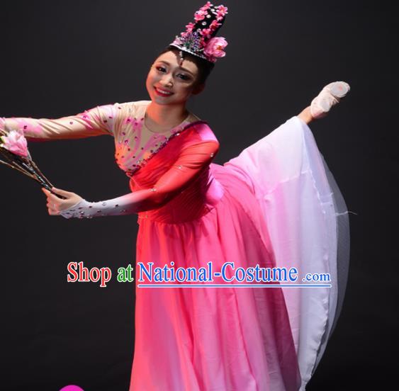 Chinese Traditional Classical Lotus Dance Costume Umbrella Dance Pink Dress for Women