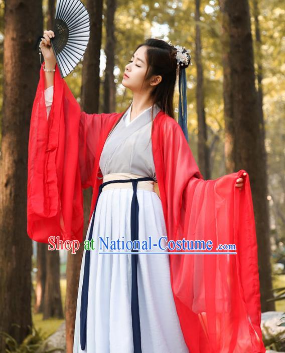 Chinese Traditional Jin Dynasty Female Knight Historical Costume Ancient Swordswoman Red Hanfu Dress for Women