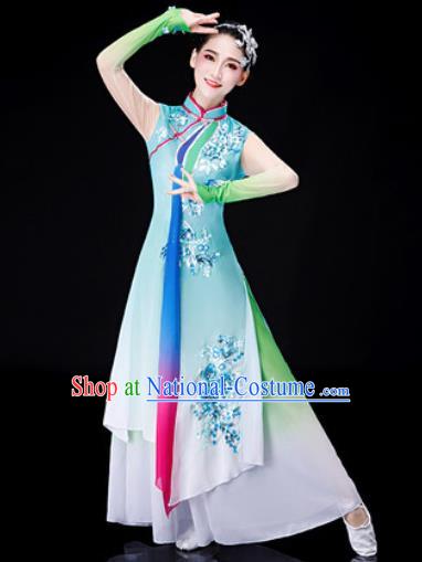 Chinese Traditional Classical Dance Blue Dress Umbrella Dance Stage Performance Costume for Women