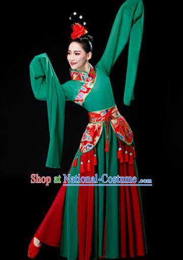 Chinese Traditional Classical Dance Water Sleeve Green Dress Umbrella Dance Stage Performance Costume for Women