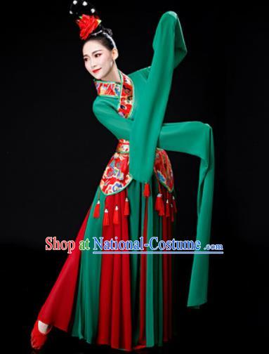 Chinese Traditional Classical Dance Water Sleeve Green Dress Umbrella Dance Stage Performance Costume for Women