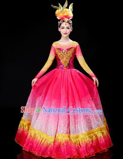 Chinese Traditional Spring Festival Gala Opening Dance Rosy Dress Peony Dance Stage Performance Costume for Women