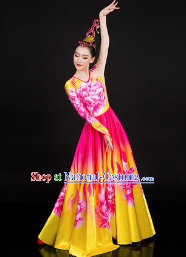 Chinese Traditional Classical Dance Printing Peony Dress Umbrella Dance Stage Performance Costume for Women