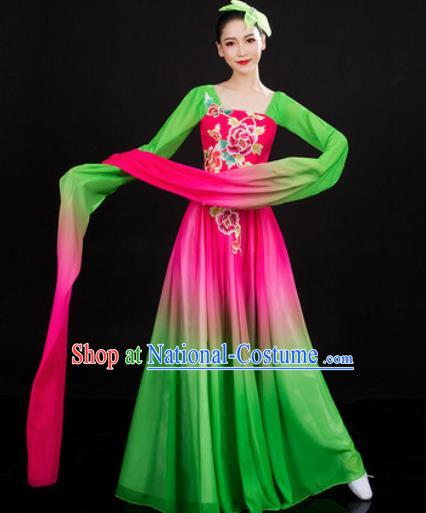 Chinese Traditional Classical Dance Printing Peony Green Dress Umbrella Dance Stage Performance Costume for Women