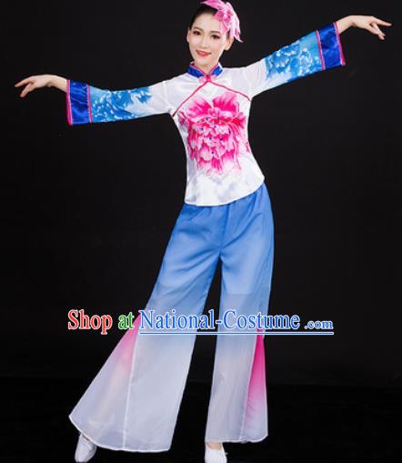 Chinese Traditional Folk Dance Blue Clothing Yangko Group Dance Stage Performance Costume for Women