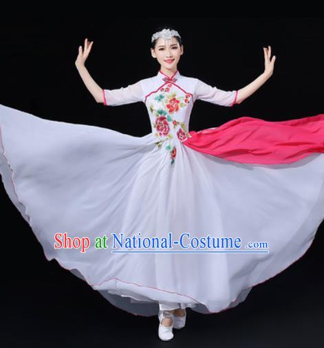 Chinese Traditional Classical Dance Embroidered Peony White Dress Umbrella Dance Stage Performance Costume for Women