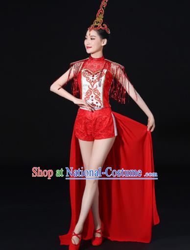 Chinese Traditional Folk Dance Red Clothing Group Drum Dance Stage Performance Costume for Women