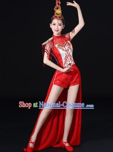 Chinese Traditional Folk Dance Red Clothing Group Drum Dance Stage Performance Costume for Women