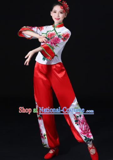 Chinese Traditional Folk Dance Printing Peony Clothing Group Yangko Dance Stage Performance Costume for Women