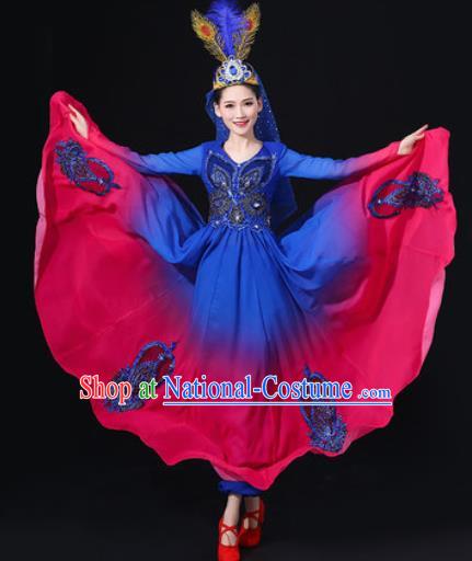 Traditional Chinese Uyghur Nationality Dance Blue Dress Uigurian Folk Dance Ethnic Costume for Women