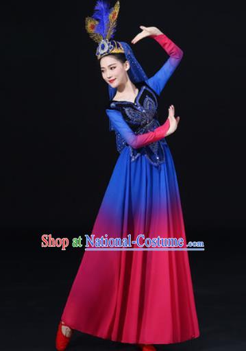 Traditional Chinese Uyghur Nationality Dance Rosy Dress Uigurian Folk Dance Ethnic Costume for Women