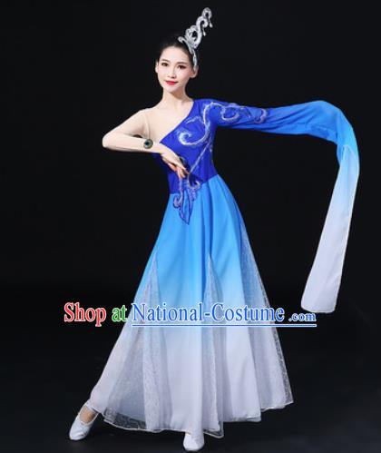 Chinese Traditional Classical Dance Blue Dress Umbrella Dance Stage Performance Costume for Women