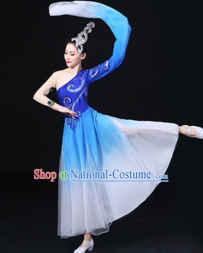 Chinese Traditional Classical Dance Blue Dress Umbrella Dance Stage Performance Costume for Women