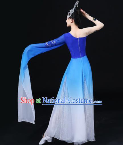 Chinese Traditional Classical Dance Blue Dress Umbrella Dance Stage Performance Costume for Women