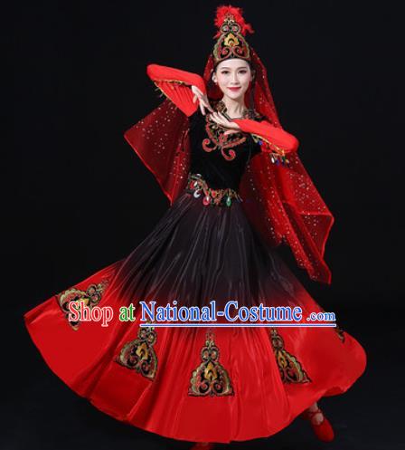 Traditional Chinese Uyghur Nationality Red Dress Uigurian Folk Dance Ethnic Costume for Women