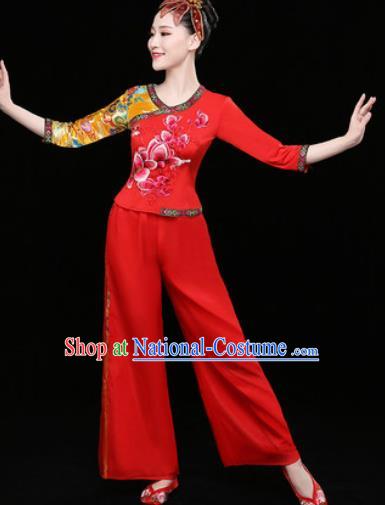 Chinese Traditional Folk Dance Clothing Group Yangko Dance Stage Performance Red Costume for Women