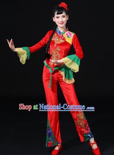 Chinese Traditional Folk Dance Fan Dance Red Clothing Group Yangko Dance Stage Performance Costume for Women