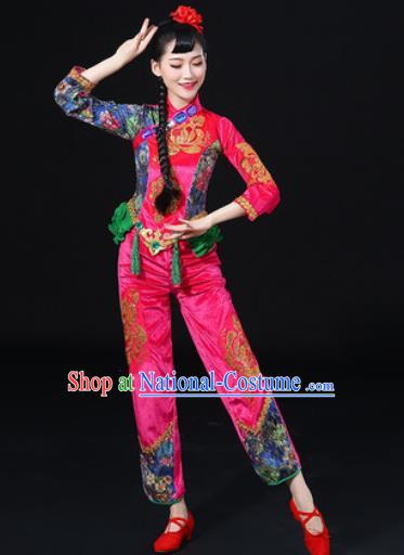 Chinese Traditional Folk Dance Fan Dance Rosy Clothing Group Yangko Dance Stage Performance Costume for Women