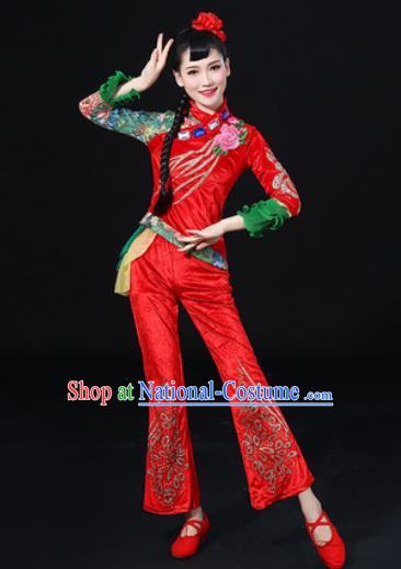 Chinese Traditional Fan Dance Red Clothing Group Yangko Dance Folk Dance Stage Performance Costume for Women