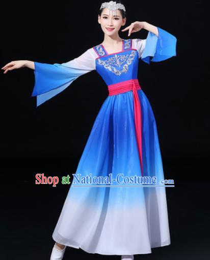 Chinese Traditional Classical Dance Blue Dress Umbrella Dance Stage Performance Costume for Women