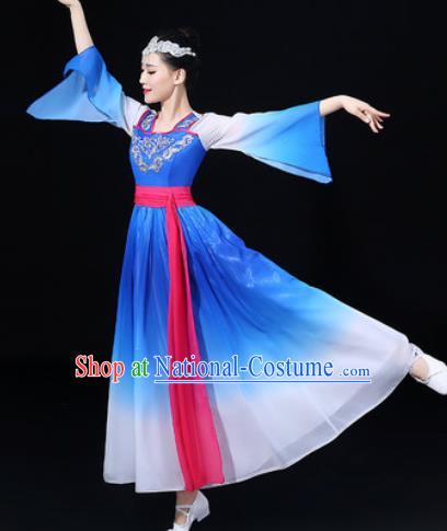 Chinese Traditional Classical Dance Blue Dress Umbrella Dance Stage Performance Costume for Women