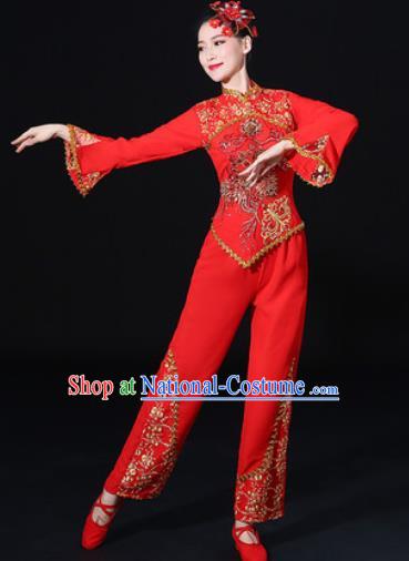 Chinese Traditional Fan Dance Red Clothing Group Yangko Dance Folk Dance Stage Performance Costume for Women